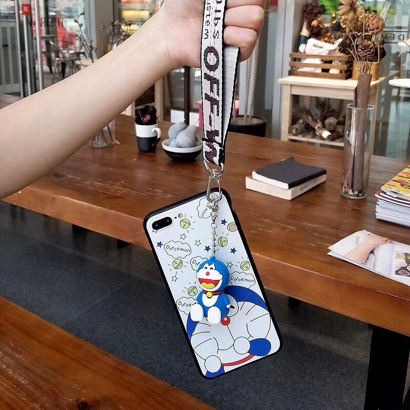 Ốp lưng  iPhone hình Doraemon có dây móc tay cho 6 6S 7 8 Plus X