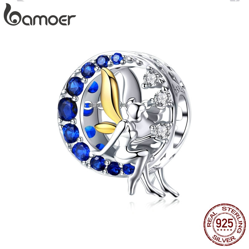 Bamoer Mặt Dây Chuyền Bạc 925 Hình Thiên Thần Và Mặt Trăng Xanh Charms