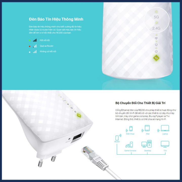 Bộ mở rộng sóng WIFI TP-Link RE200 - Bảo hành chính hãng 24 tháng