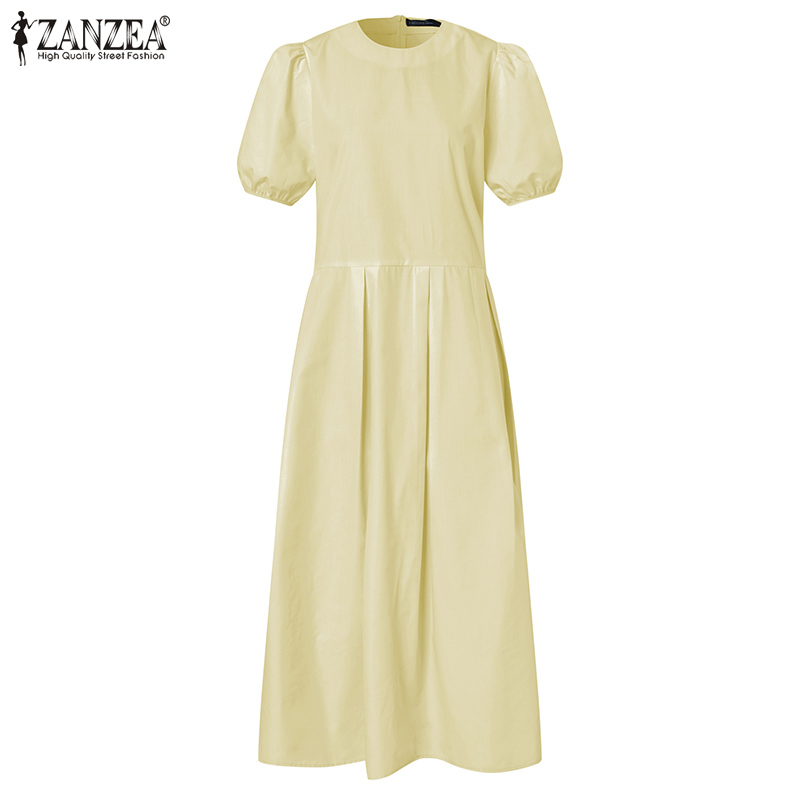 ZANZEA Women Puff Sleeve Side Zipper Pleated Loose Casual Long Dress | BigBuy360 - bigbuy360.vn