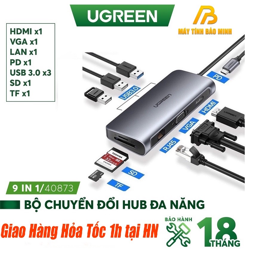 Bộ chuyển đổi USB-C sang 3 USB 3.0+HDMI+RJ45+SD&amp;TF Ugreen 50538 8 IN 1
