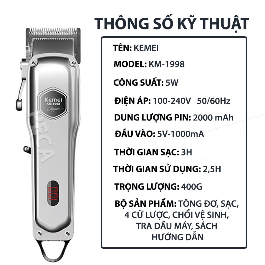 Tông đơ cắt tóc chuyên nghiệp Kemei KM-1998 có màn hình LED hiển thị thích hợp dùng fade tóc, tattoo tóc cho barber shop