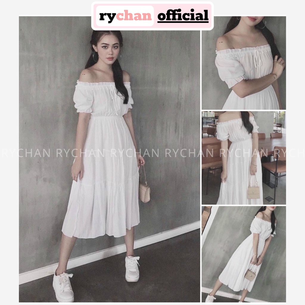 Đầm Trắng Trễ Vai Xòe 2 Lớp Lót Trong Dày Dặn - DX934