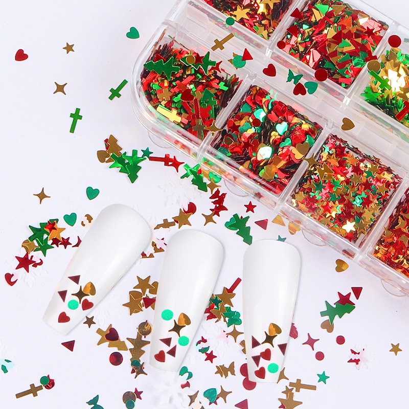 [Hàng mới về] Hộp 12 ngăn phụ kiện họa tiết bông tuyết mùa đông trang trí móng tay nghệ thuật