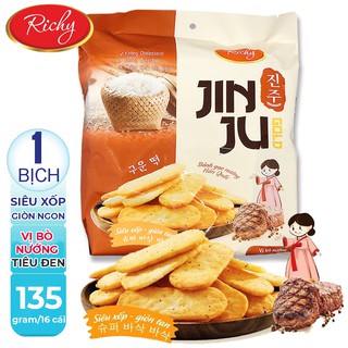 [ BÁNH GIÒN THƠM NGON ] 01 Bịch 16 cái (135gr) Bánh gạo JINJU RICHY vị bò nướng tiêu đen 1 nắng (Date : 10 tháng)