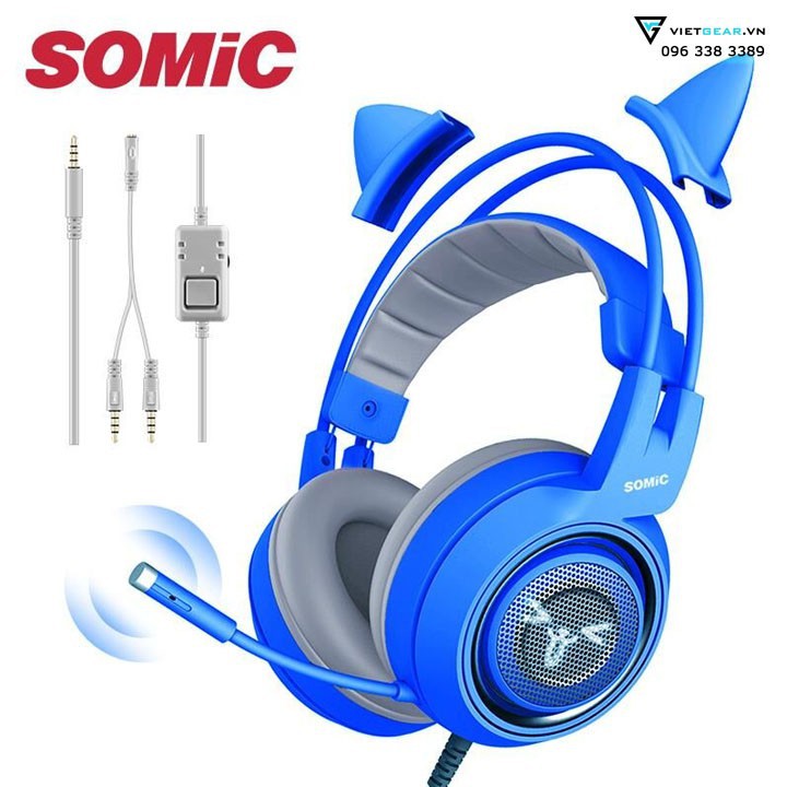 Tai nghe Somic G951s mầu xanh tai mèo có micro, jack AUX 3,5mm