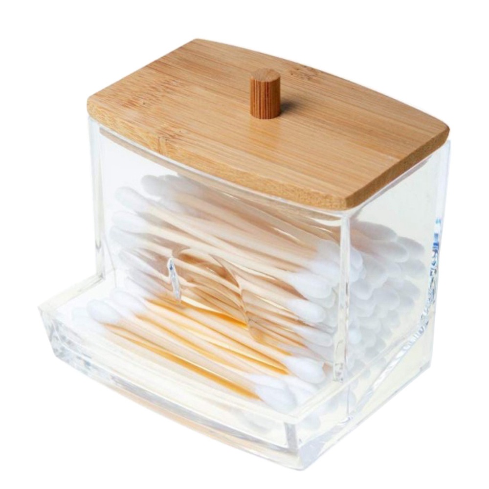 Hũ đựng đồ bằng nhựa acrylic có nắp đậy bằng gỗ tre đựng tăm bông/ bông tẩy trang / mỹ phẩm trang điểm