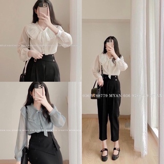 Sơ mi style thư ký công sở tay dài vạt cổ xếp ly 2 tầng buộc nơ