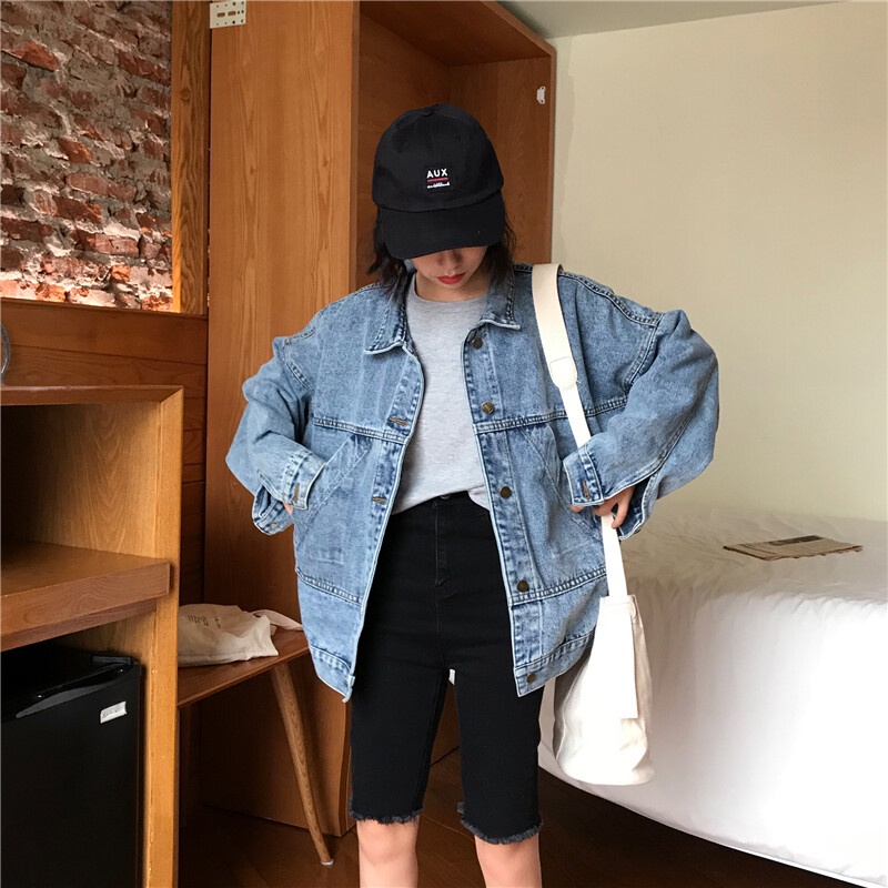 Áo khoác denim IELGY dáng rộng mỏng tay dài phong cách cổ điển dễ phối đồ thời trang cho nữ