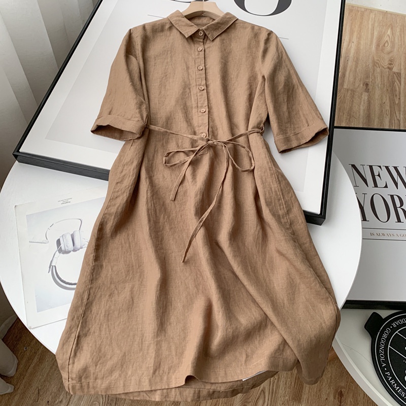 {Ảnh Thật + Freeship} Váy sơ mi nữ tay lỡ dáng dài 2 túi, Váy linen cao cấp che khuyết điểm tôn dáng