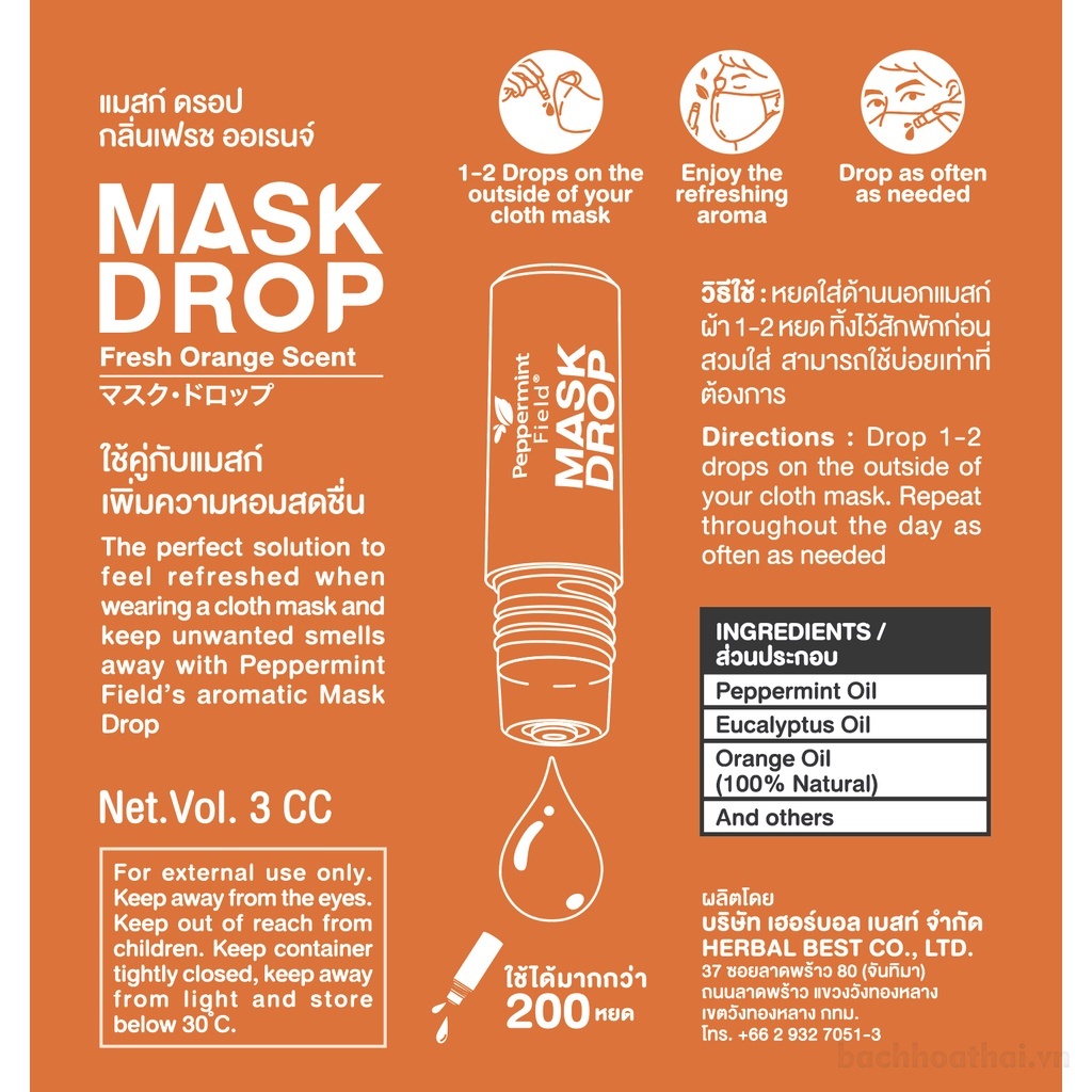 Dầu khủ mùi khẩu trang thông mũi Peppermint Field Mask Drop Fresh Orange Scent Thái Lan