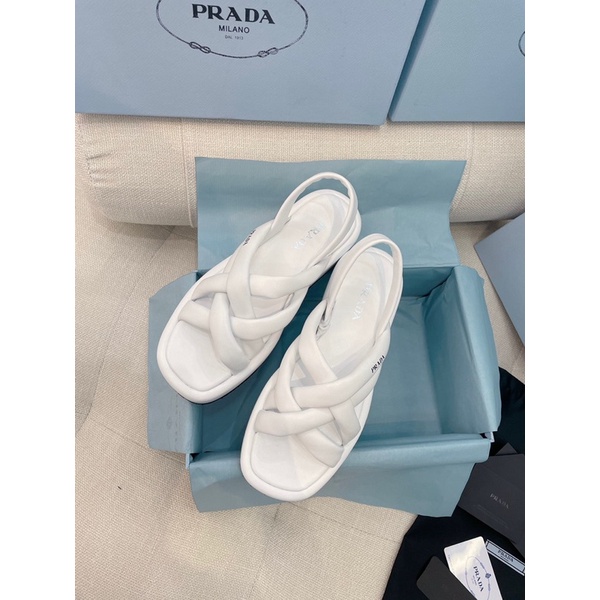 Sandal nữ đế dày cao 5cm Prada da thật cao cấp mẫu xuân hè 2021