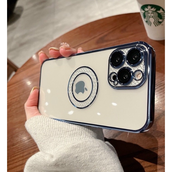 Ốp lưng trong KF viền màu camera + vòng tròn táo đính đá cho iPhone 13, 13 Pro, 13 Pro Max siêu đẹp bảo vệ camera