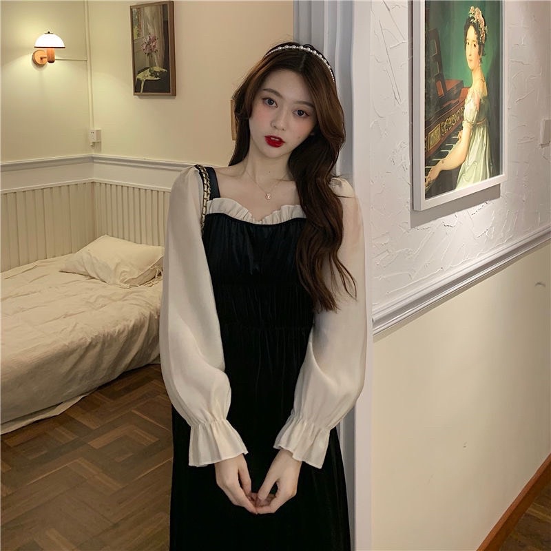 Ảnh thật váy nhung bánh bèo tay bồng cổ vuông dáng dài