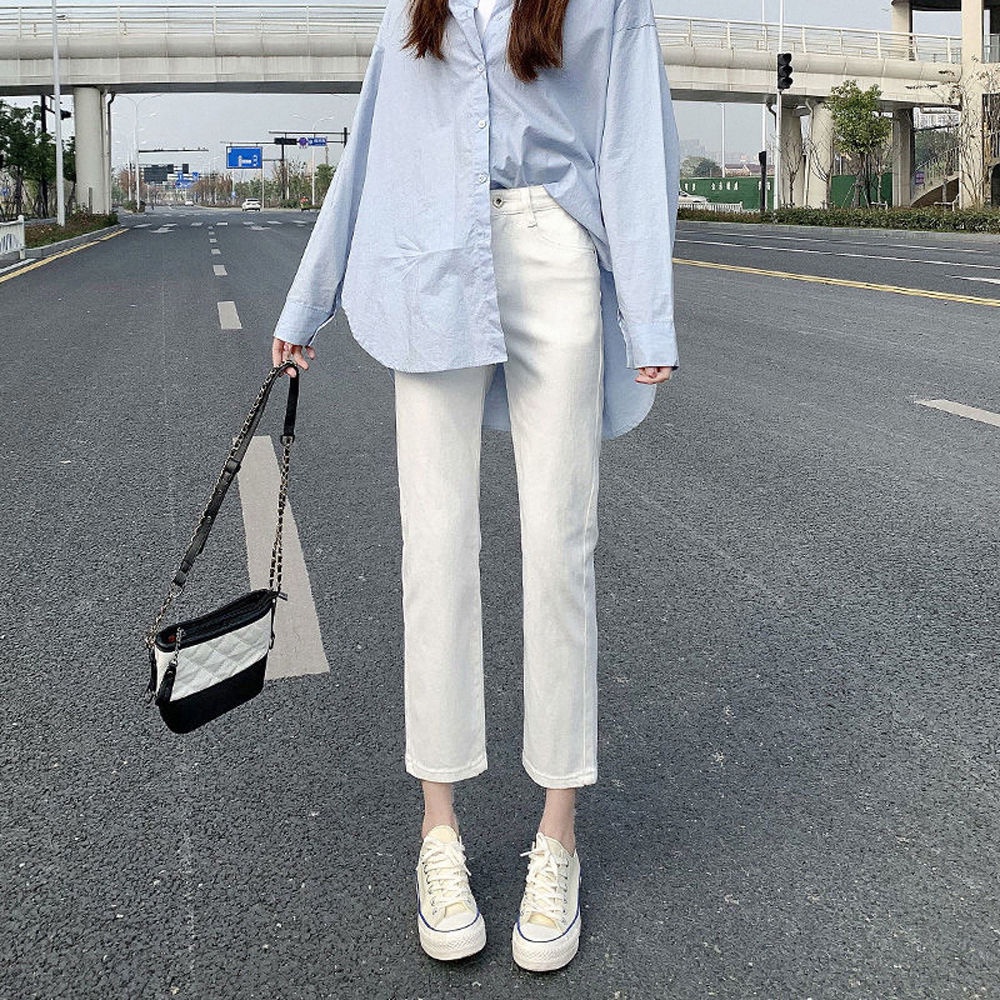quần bò nữ new solid color Korean high-waisted loose slim straight cigarette pants