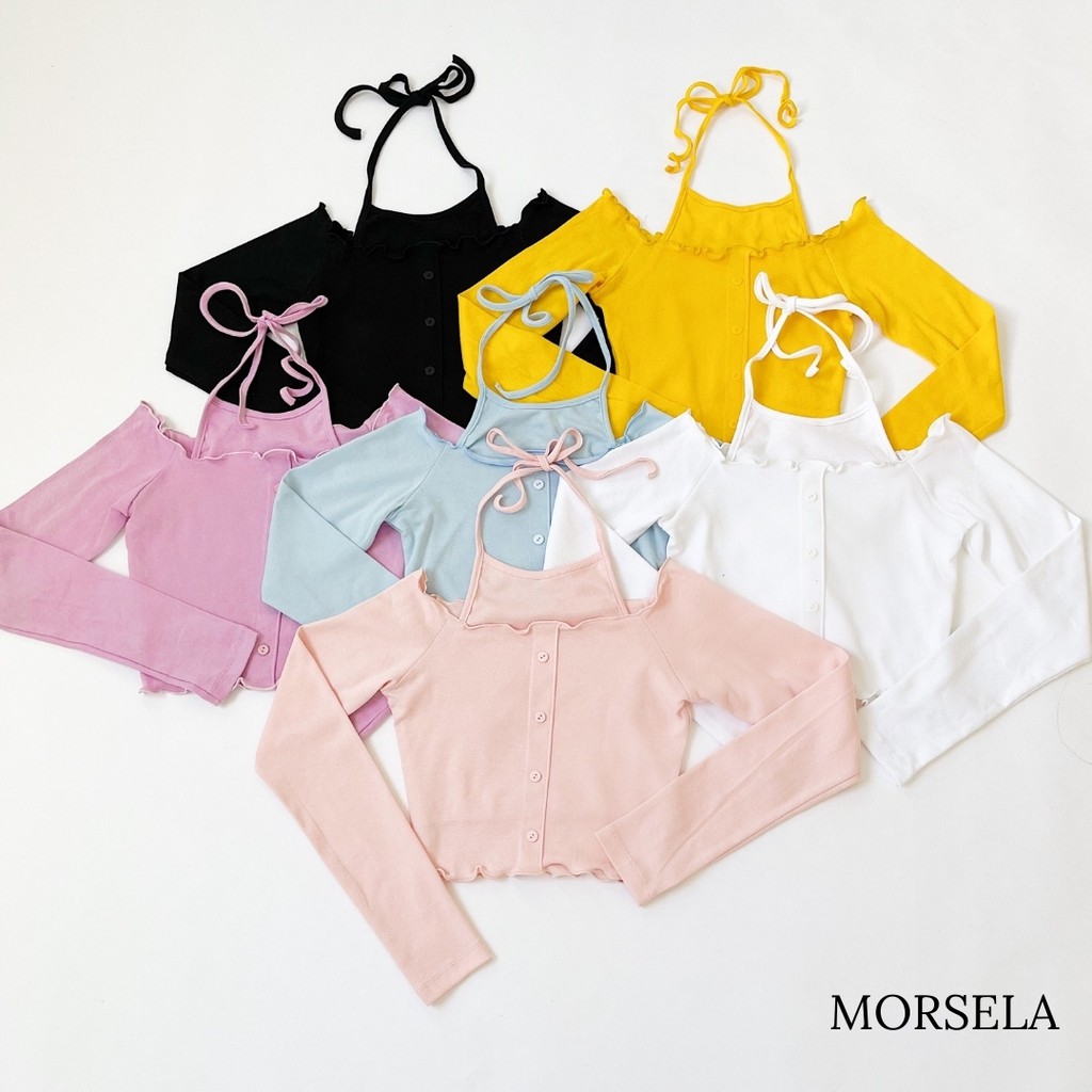 Áo thun croptop tay dài ôm body cột dây cổ yếm dáng trễ vai Sexy theo phong cách Hàn Quốc -Áo crop top nữ kiểu - Morsela