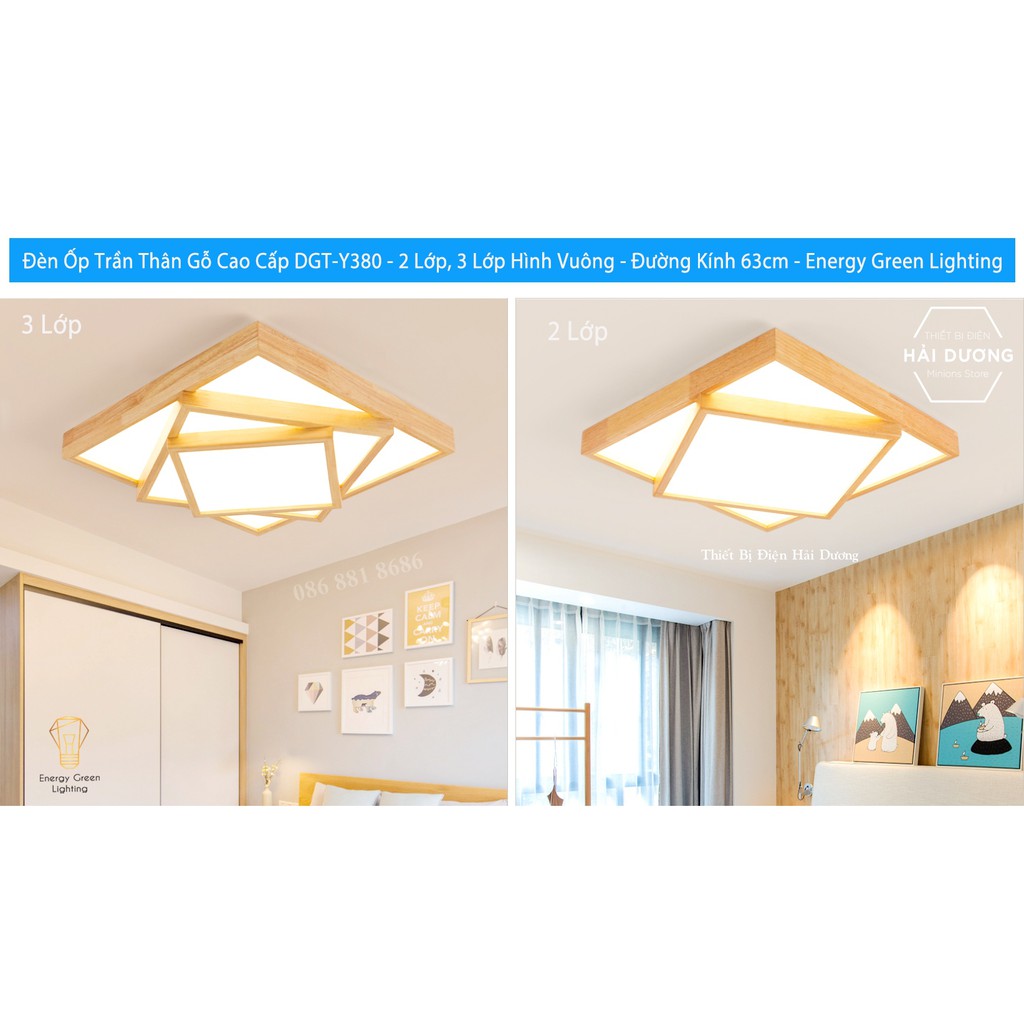 Đèn Ốp Trần Thân Gỗ Cao Cấp DGT-Y380 - 2 Lớp, 3 Lớp Hình Vuông - Đường Kính 63cm - Energy Green Lighting -Bảo Hành 1 năm