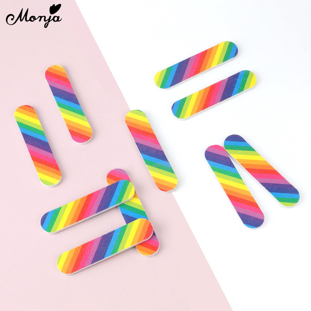 Dũa móng tay MONJA màu sắc cầu vồng hai mặt hình oval mini tiện lợi