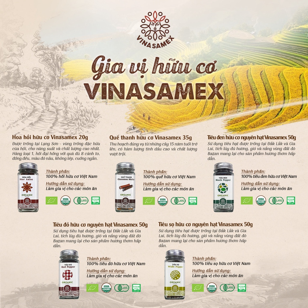 Bột gia vị hữu cơ hành - tỏi - gừng - nghệ - tiêu - ớt - sả - quế - hồi Vinasamex