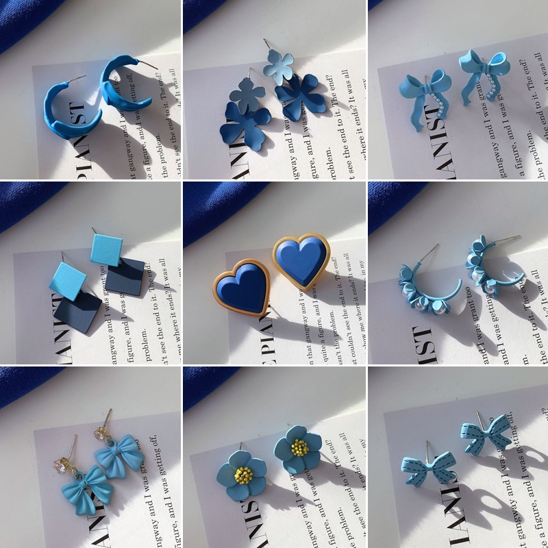 Khuyên tai màu xanh dương nhiều kiểu dáng tùy chọn phong cách Hàn Quốc