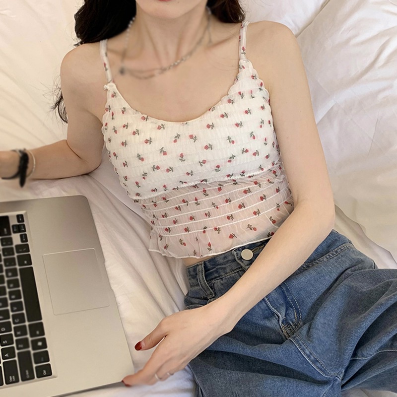 Áo Hai Dây Hở Lưng Có Mút Đệm Ngực Phối Ren Hoa Nữ Tính