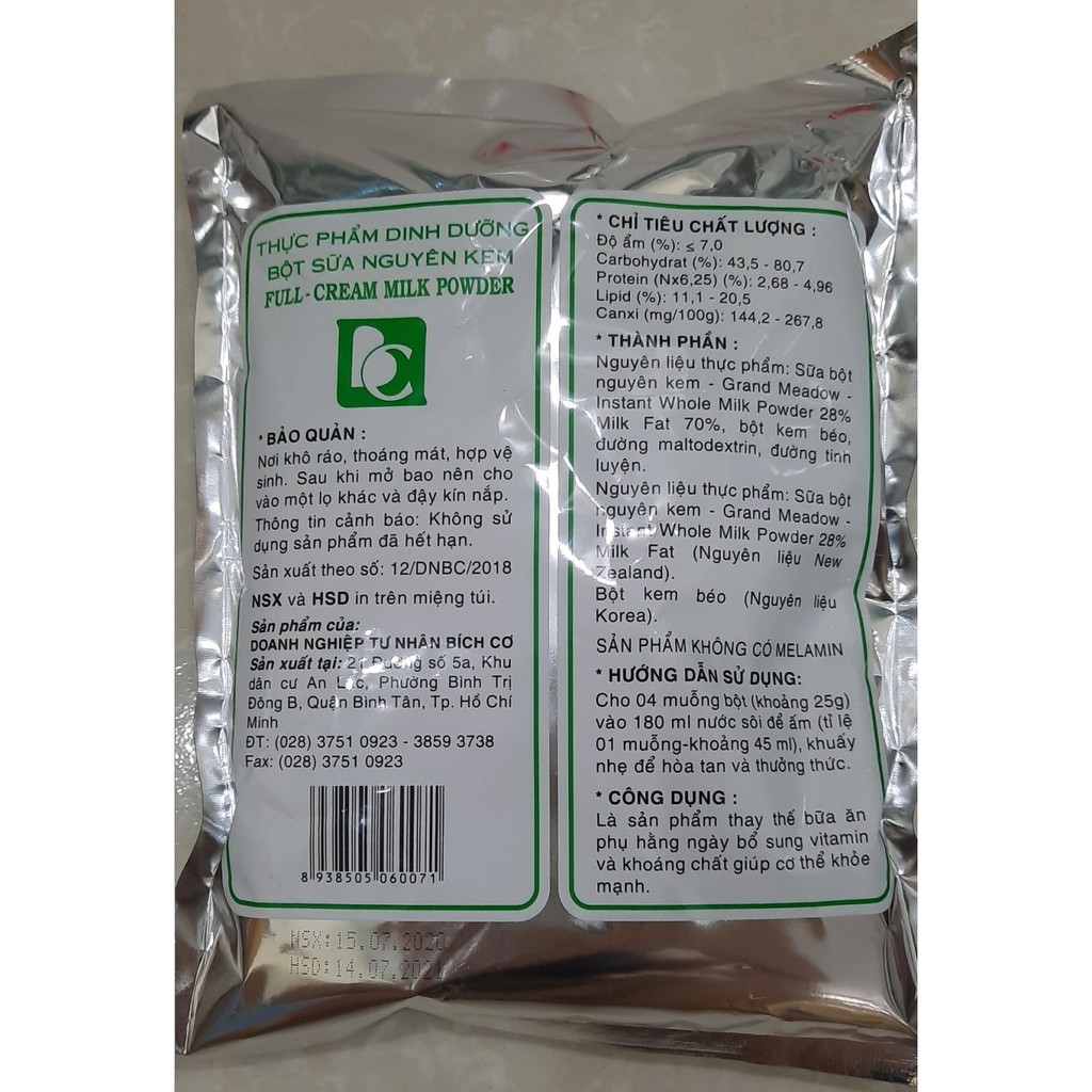 BỘT SỮA NGUYÊN KEM CANXI 500g (LOẠI LẠT  ÍT ĐƯỜNG)