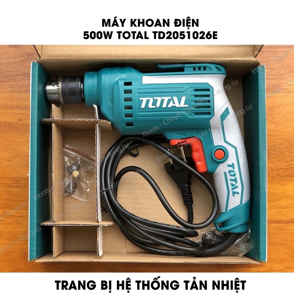 Máy khoan cầm tay TOTAL TD2051026E công suất 500w, tốc độ 3300rpm, khả năng khoan 1.0-10mm, có chỉnh tốc độ, điện áp 220