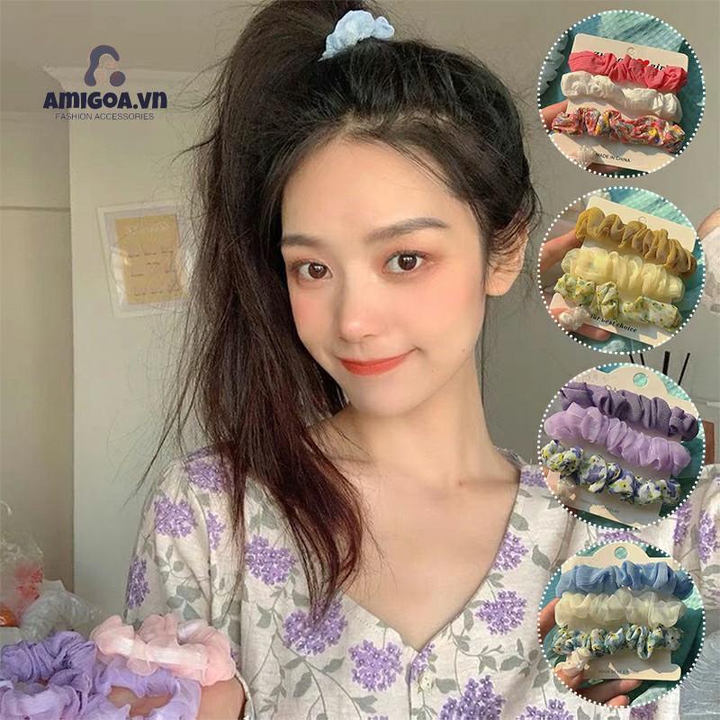 ✨✨ Set 3 dây buộc tóc vải lưới in hoa phong cách Hàn Quốc thời trang mới