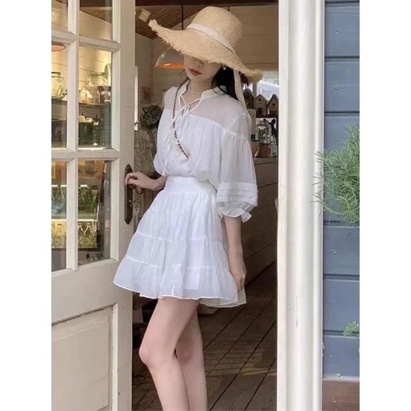 Set áo tơ babydoll &amp; chân váy xếp tầng cạp chun