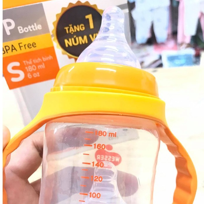 [Tặng 1 Núm Size S]Bình Sữa Wesser Nano Cao Cấp Cổ Rộng PP Bottle Kháng Khuẩn Có Tay Cầm Dung Tích 180ml/ 260ml