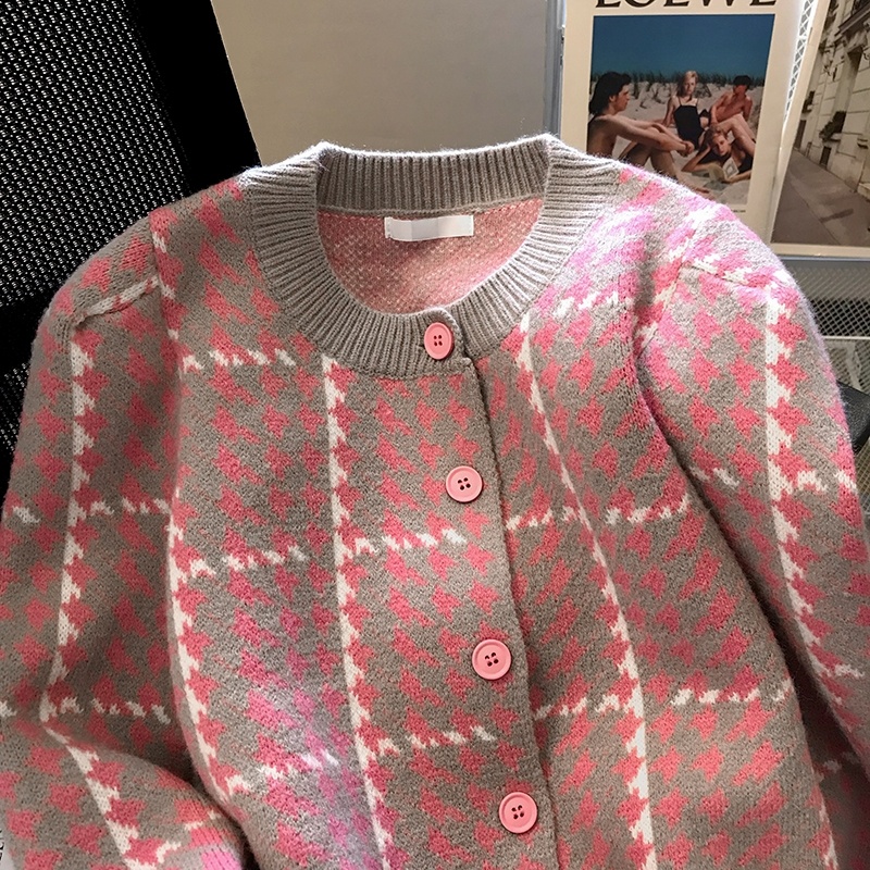 Áo Khoác Cardigan Dệt Kim Tay Dài Cổ Tròn Màu Sắc Tương Phản Thời Trang Mùa Thu Cho Nữ