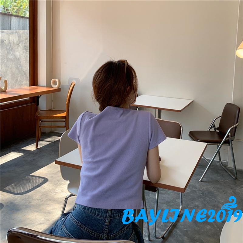 Áo Thun Nữ Ngắn Tay Cổ Tròn Hở Eo Thời Trang