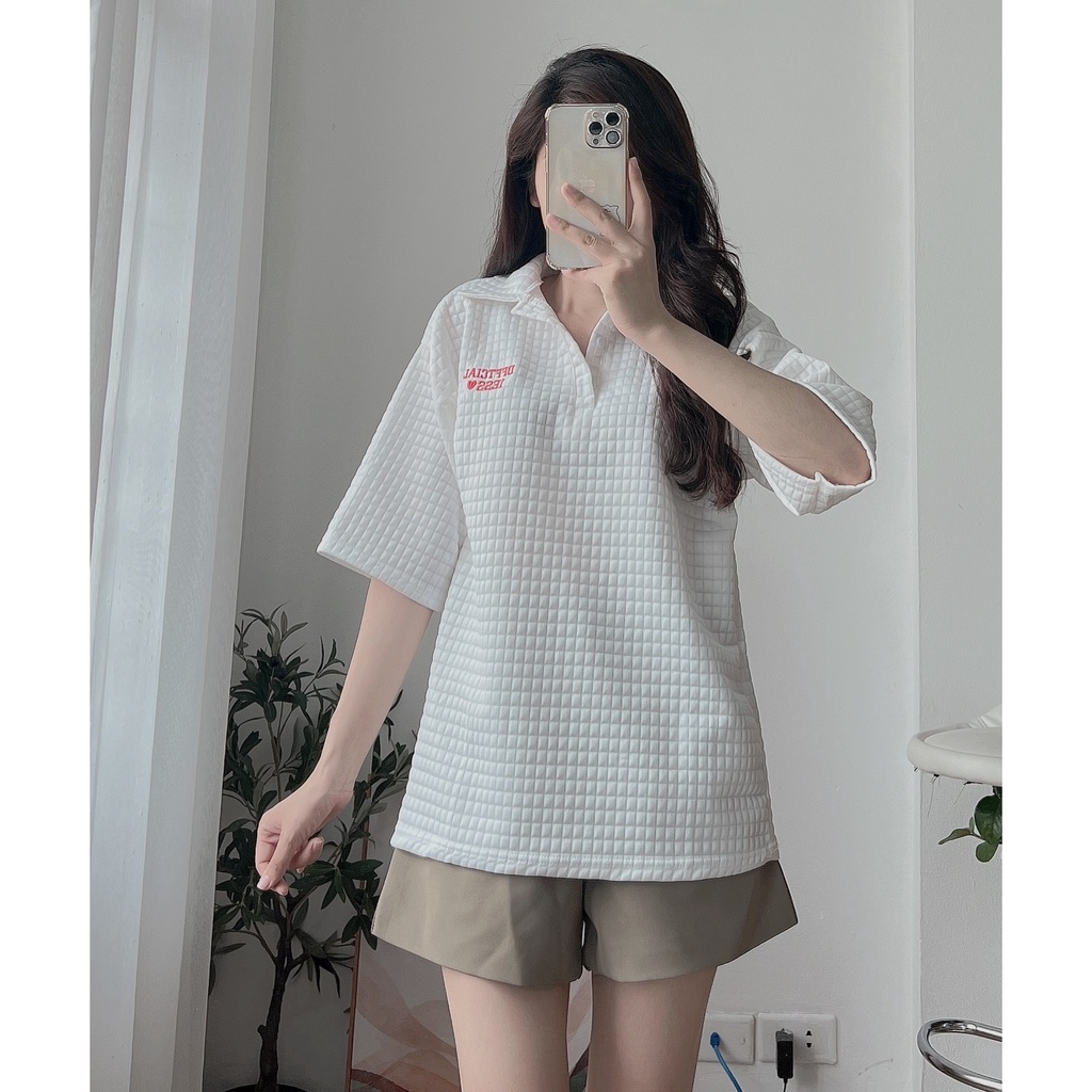 Áo Polo Thun Xốp 1Ess PEONYB Nữ [FREESHIP]  Phông form rộng tay lỡ thêu chữ đỏ 3158 kiểu đường phố hàn quốc Ulzzang