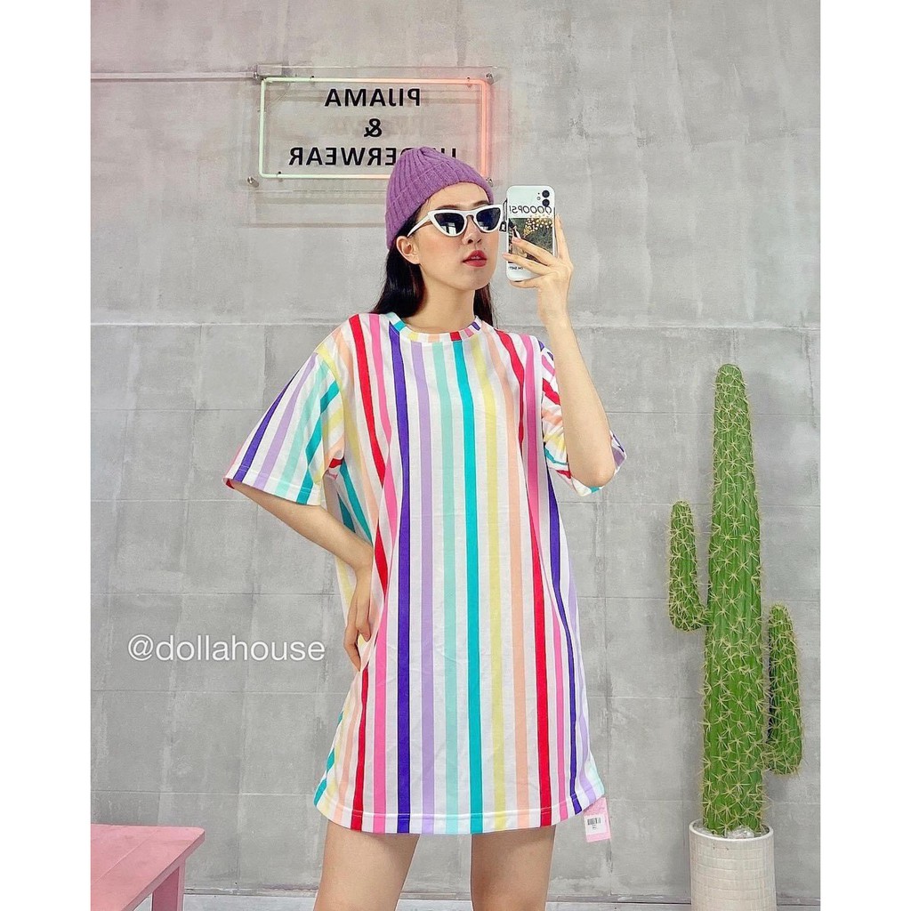 Đầm Suông Dáng Dài Tay Lỡ Váy Suông Nữ Cổ Tròn Họa Tiết Sọc Chất Thun Cotton Hàng VNXK