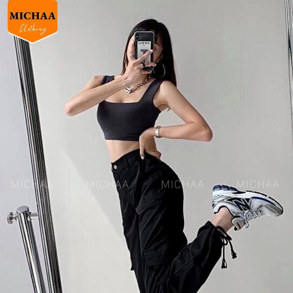 Áo Croptop Ba Lỗ Sát Nách Cổ Vuông Nữ Thun Gân Kiểu 2 Dây Bản To - MICHAA