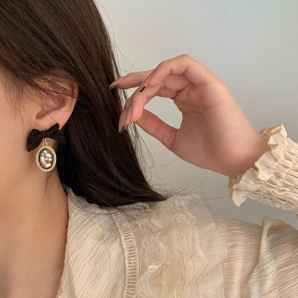 Bông tai bằng hợp kim đính nơ vải và ngọc trai phong cách Hàn Quốc thời trang cho nữ