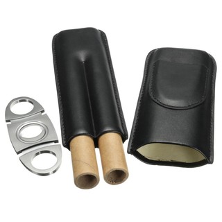 Promotion New New Black Travel Leather Cigar Case Humidor Holder 2 Tube With Cutter Set Gift Best