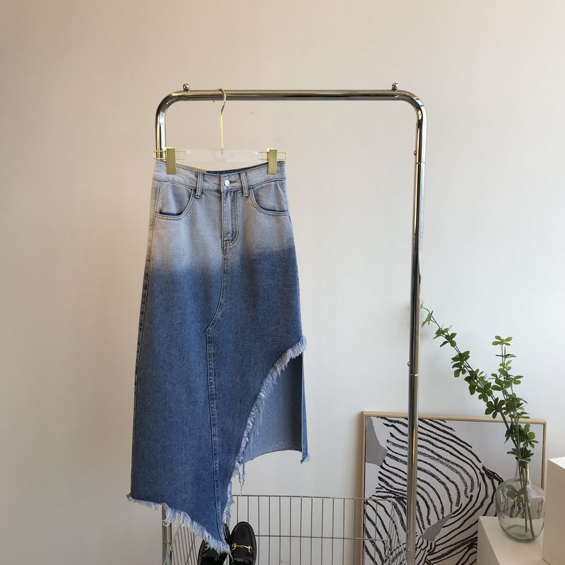 JSC Jiashucheng Chân Váy Denim Dáng Chữ a Lưng Cao Rách Tà Màu Gradient Mùa Hè Cho Nữ