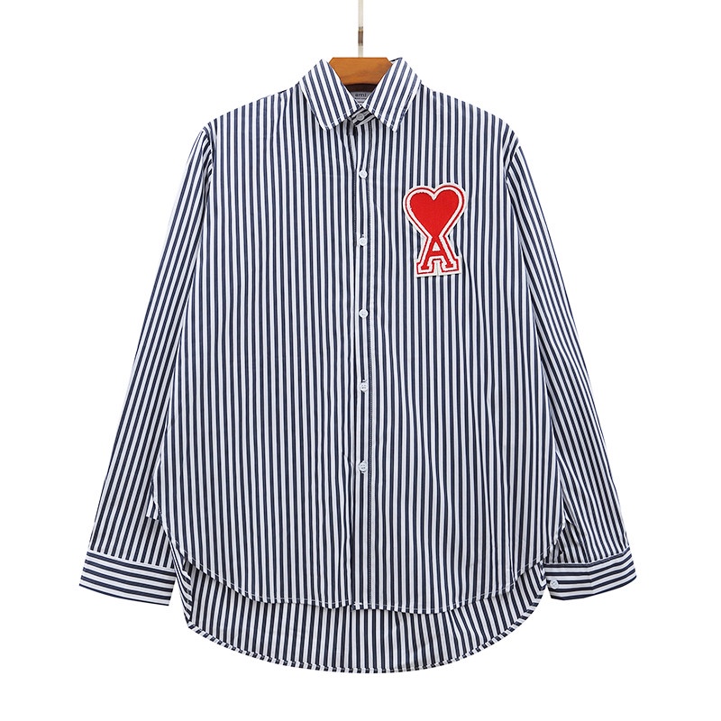Áo sơ mi tay dài kẻ sọc thêu chữ ITEM AMI phong cách đường phố cho nam và nữ