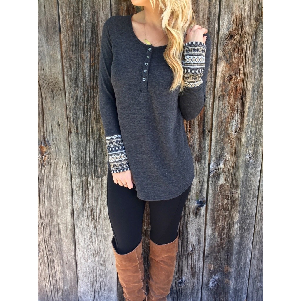 ☛☏❤Women Round Neck Button Down Long Sleeve Loose Knit Sweater Jumper Top Grey | BigBuy360 - bigbuy360.vn