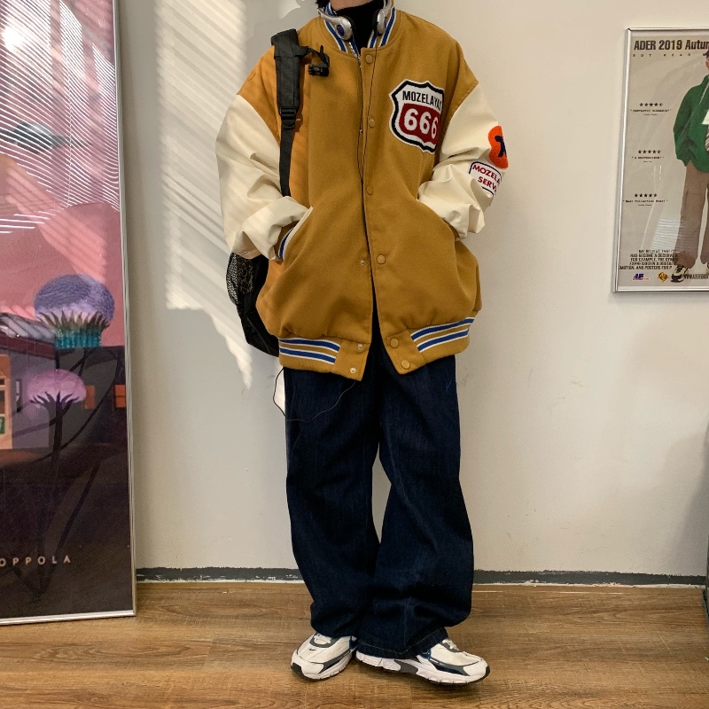 áo khoác áo polo nam áo khoác dù đồ bộ nam Áo khoác bóng chày cổ đứng dáng rộng màu xanh dương/vàng thời trang hip hop đường phố mỹ cho nam size M-3XL