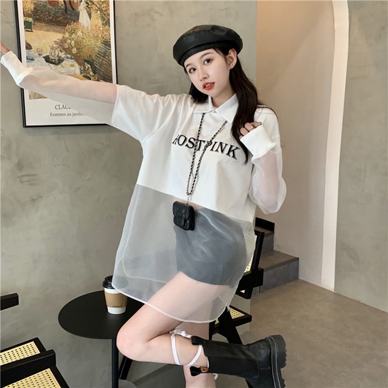 Áo tay dài dáng rộng cổ polo phối lưới phong cách thời trang Hàn Quốc