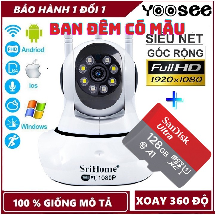 Camera Wifi Yoosee Srihome 3 Râu 2.0 Mpx-Có Màu Ban Đêm-Kèm Thẻ Nhớ 128GB | BigBuy360 - bigbuy360.vn