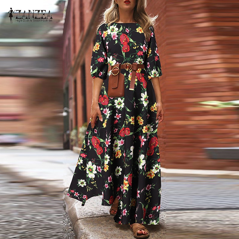 Zanzea Đầm Maxi Tay Lửng Họa Tiết Hoa Vintage Thời Trang Cho Nữ