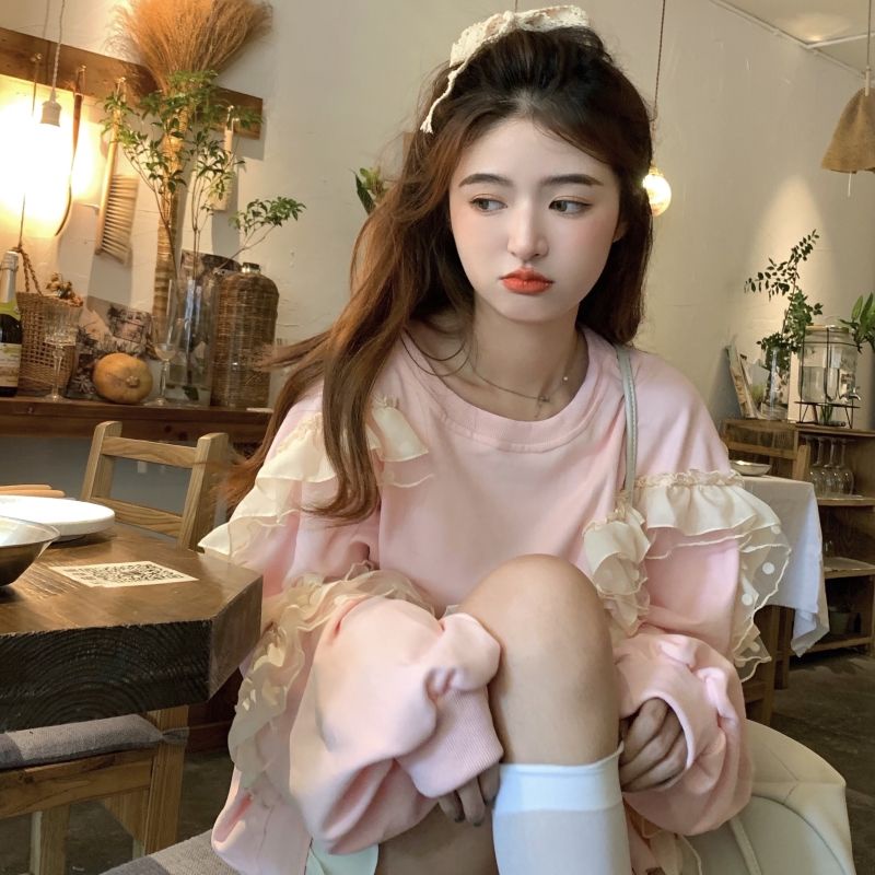 Áo sweater Dáng Rộng Nhiều Lớp Ren Hồng Ngọt Ngào Mùa Thu Hàn Quốc Dễ Phối Đồ Cho Phụ Nữ Trung Niên