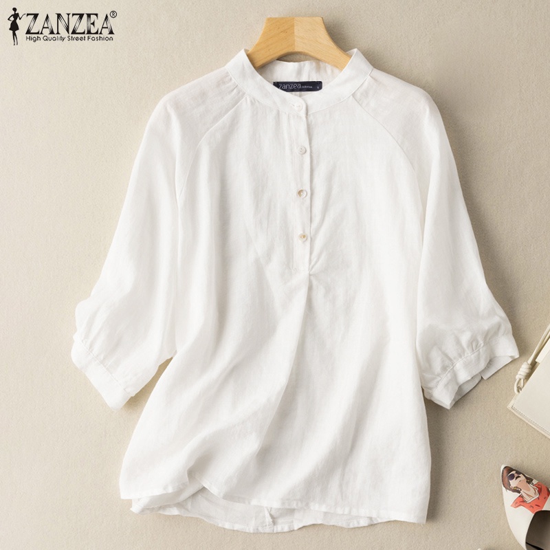 Áo kiểu Zanzea màu trơn cổ đứng tay lửng 3/4 thoải mái cho nữ