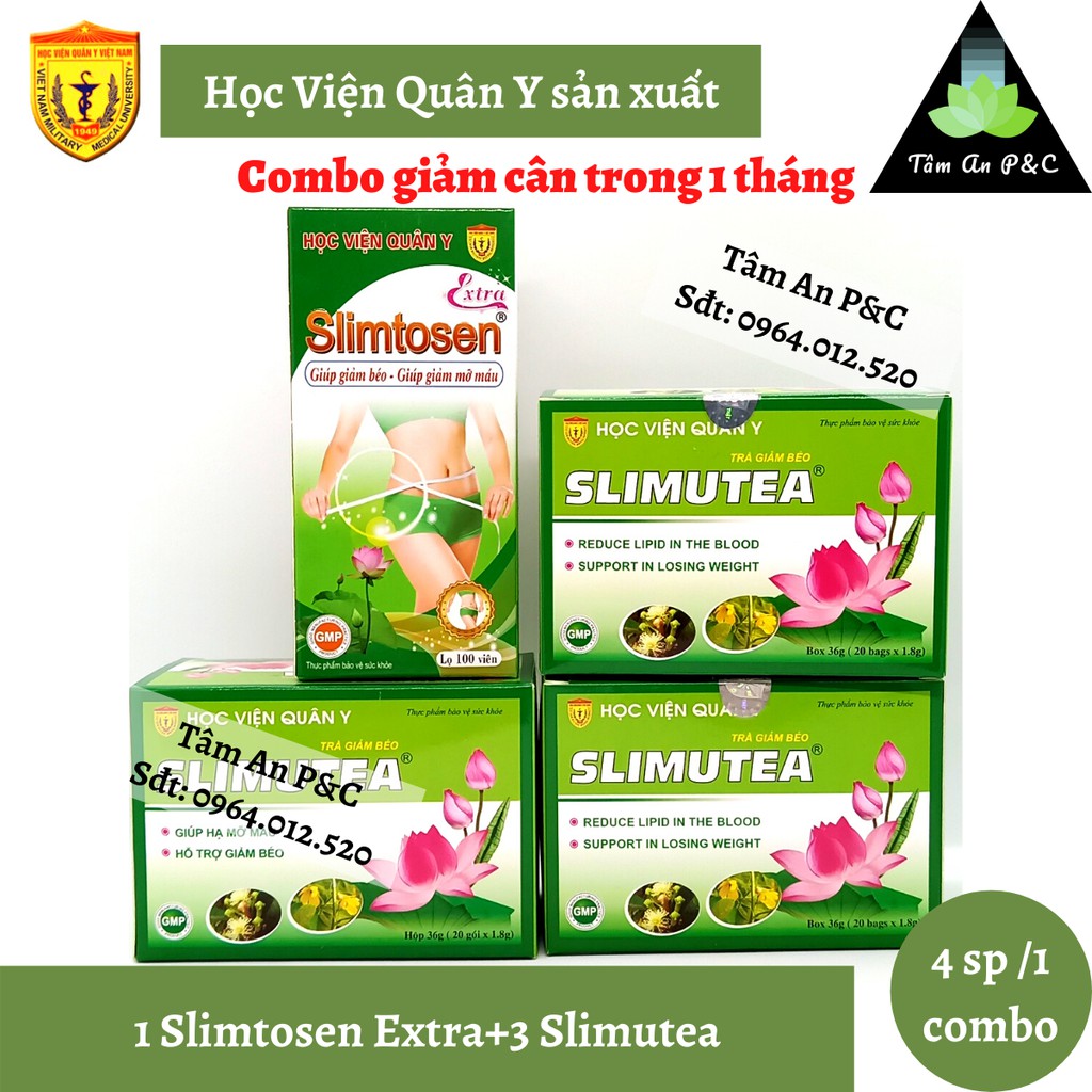 (Combo giảm cân) 1 hộp viên uống Slimtosen Extra+3 hộp trà Slimutea Học Viện Quân Y dùng trong 1 tháng- CHÍNH HÃNG HVQY