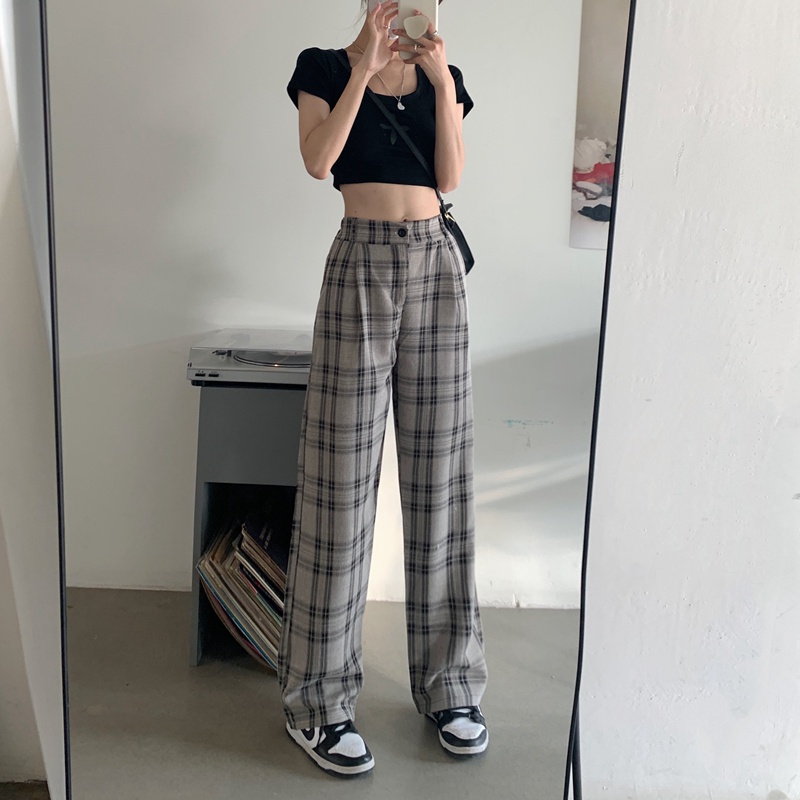 Quần ống rộng SUXI họa tiết sọc caro thời trang dành cho nữ