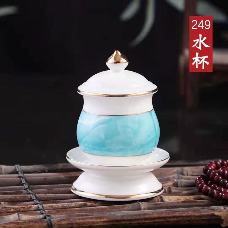 Bộ Thờ Cúng - Sét Đồ Thờ Phụng Màu Xanh Viền Vàng Cao Câp. Gồm Bình, Lư, Dĩa, Án...