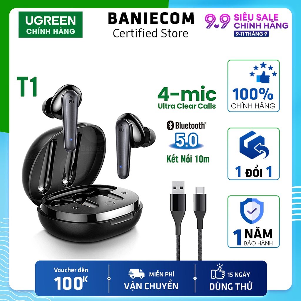 Tai nghe Bluetooth UGREEN HiTune T1 True Wireless Earbuds Bass mạnh 4-mic dùng liên tục 20h khi kèm cốc sạc-12 tháng BH